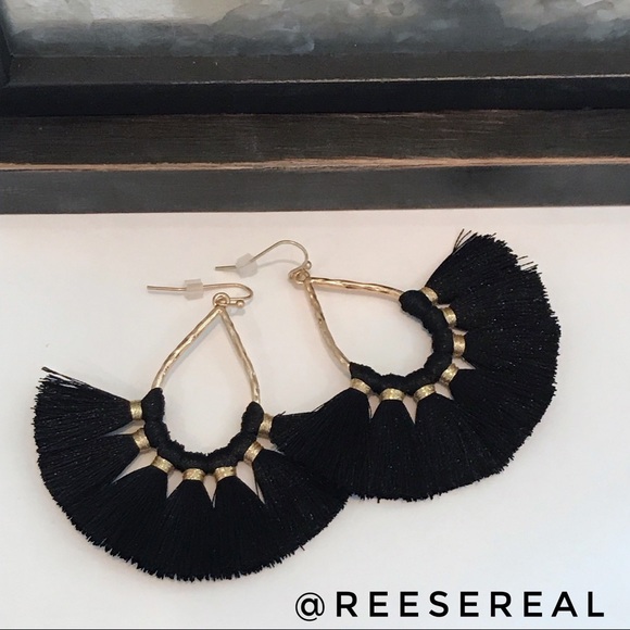 ITS Jewelry - Black and Gold Tone Fan Tassel Earrings Boho